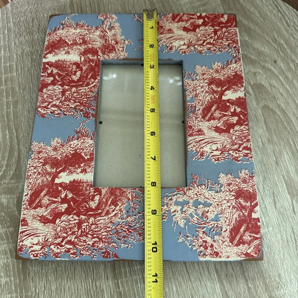 Wood Blue And Red Toile Pattern Picture Frame Shabby Chic 5x7 Opening Frame